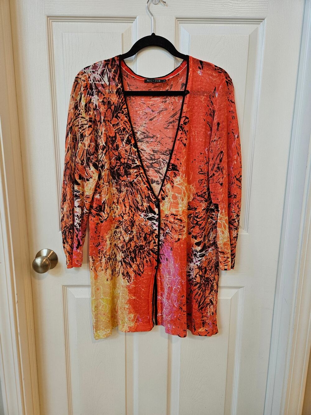 NIC+ZOE Linen Blend Cardigan Womens Large Orange Abstract Print Lightweight Knit